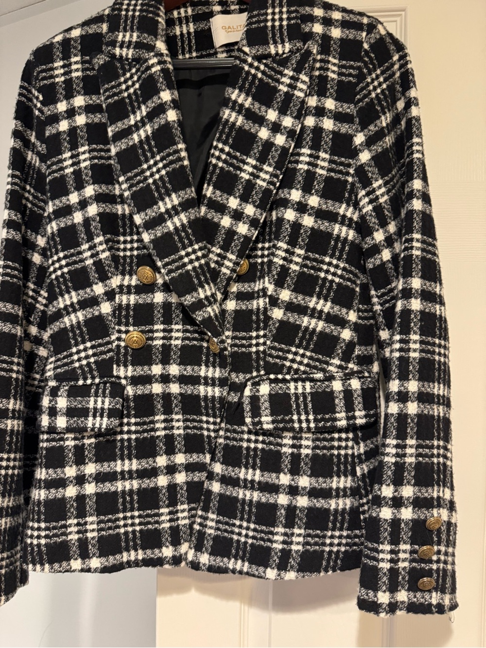 Women's Black & White Plaid Double-Breasted Jacket